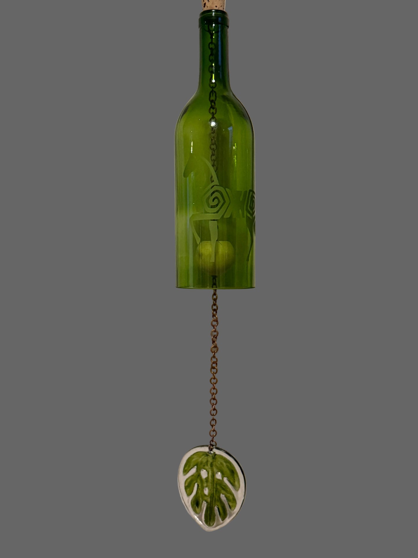 Handcrafted Recycled Wine Bottle Wind Chime – Tropical Leaf Design