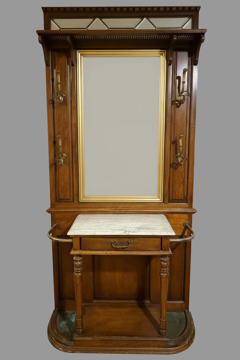 Antique Victorian Hall Tree with Beveled Mirror, Marble Shelf & Slate Base