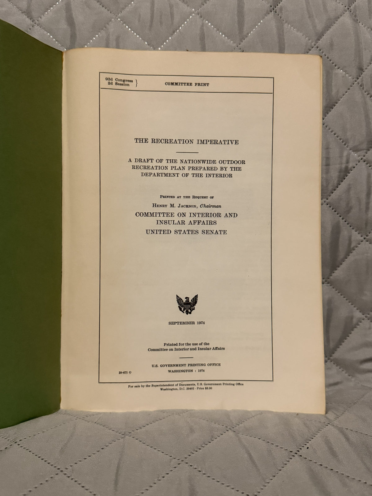 1974 The Recreation Imperative Senate Committee Print Government Document