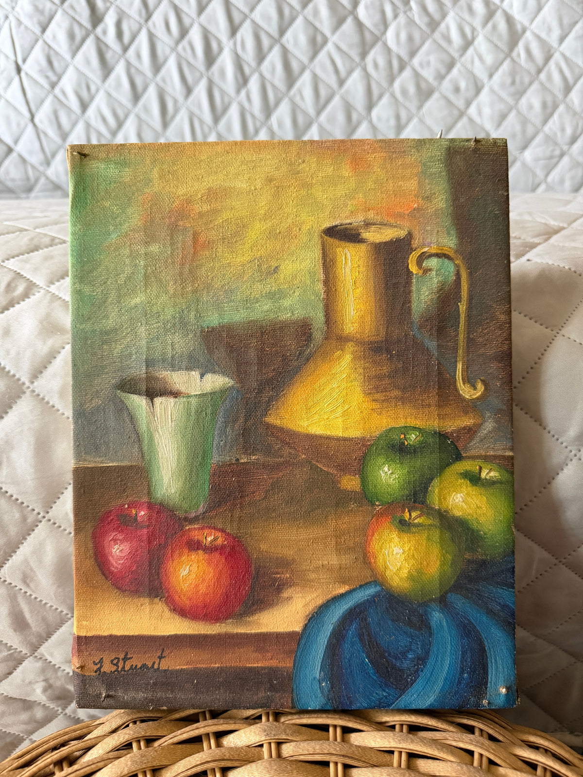 Vintage Signed Still Life Oil Painting Brass Pitcher & Apples