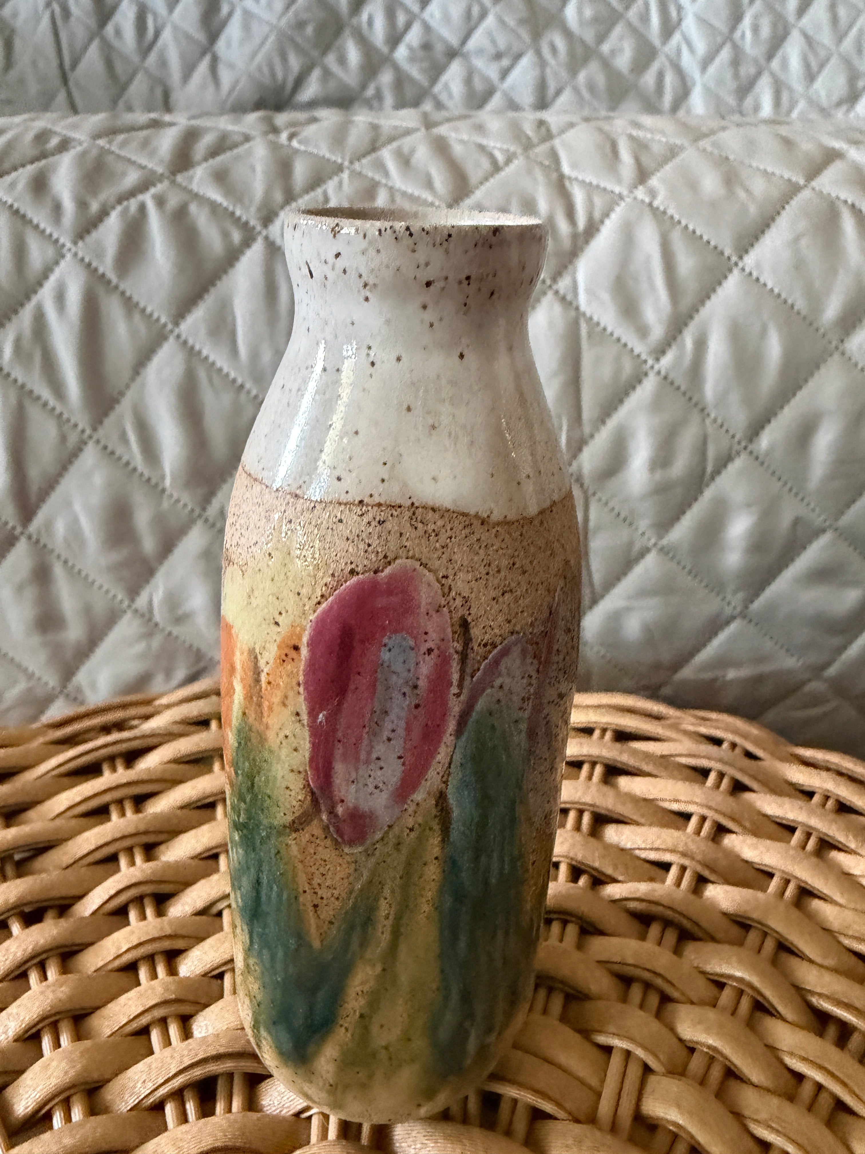 Signed Handcrafted Studio Pottery Speckled Stoneware Floral Tulip Bud Vase