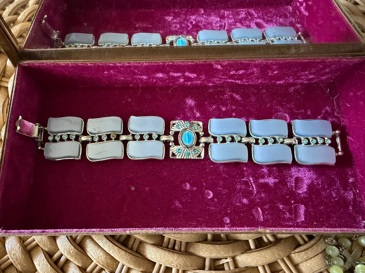 Vintage 1950s Light Blue Moonglow Lucite & Rhinestone Panel Bracelet