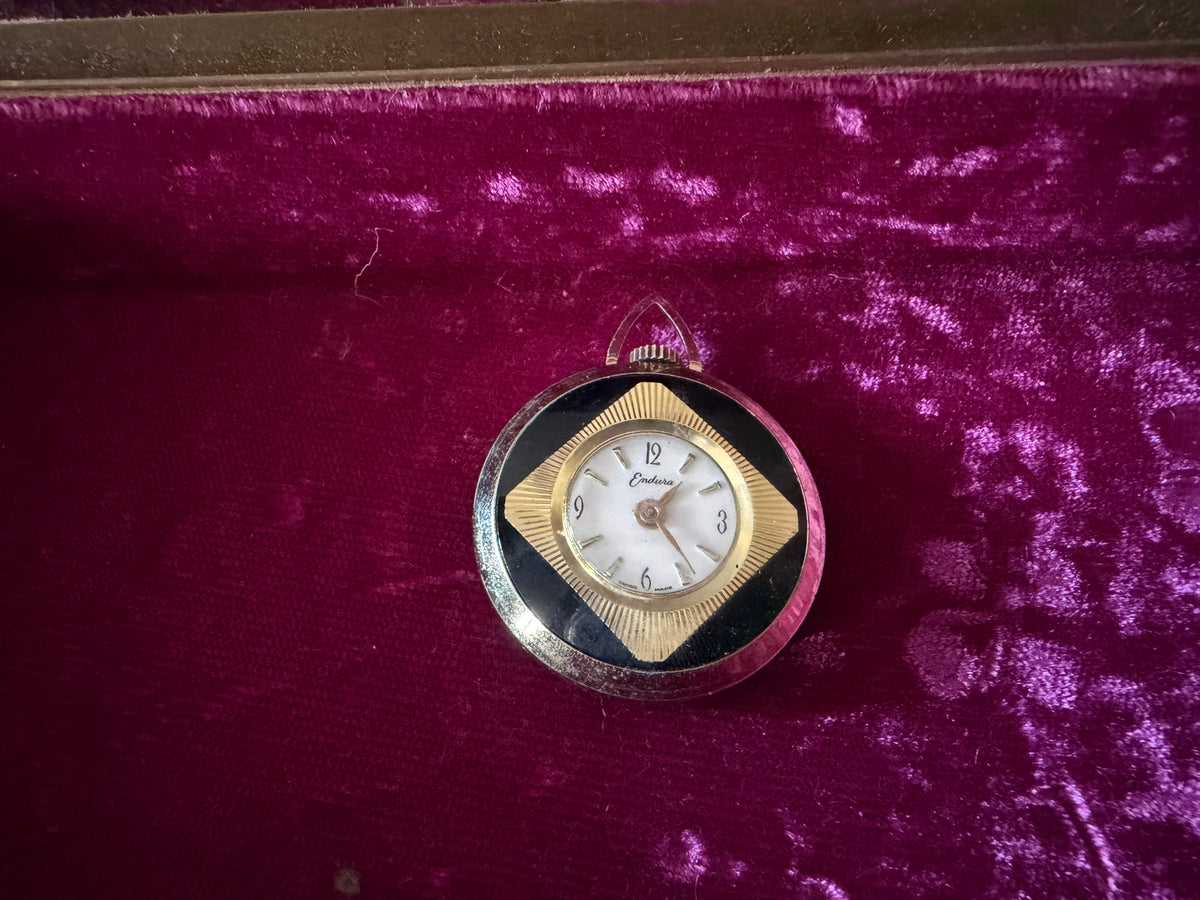 Vintage Endura Swiss Made Black Enamel Pendant Watch