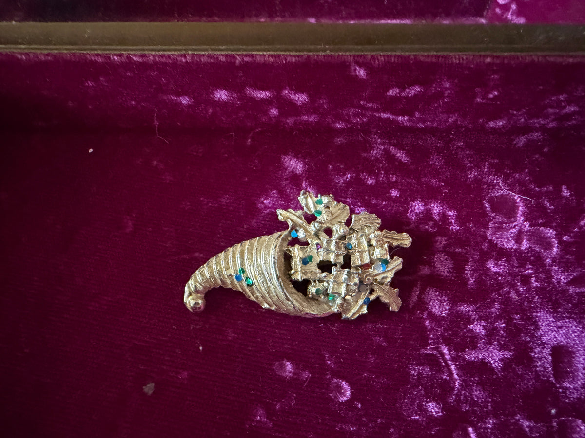 Vintage Gold Tone Rhinestone Cornucopia Brooch Pin
